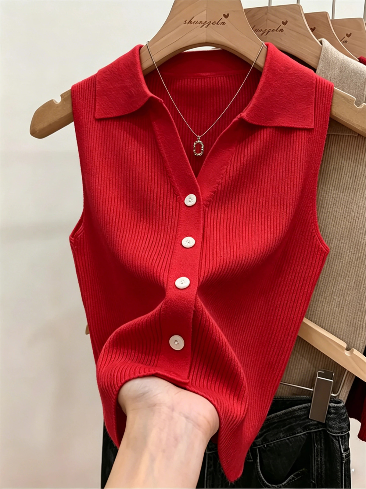 Women Red Polo Collar Sleeveless Knit Tank Top Vertical Ribbed Button Front Stretchy Slim Summer Casual Layering Knit Vest Shirt 260918