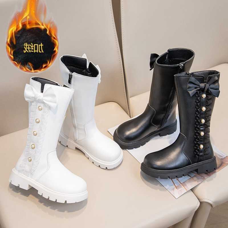 Botas de otoño invierno para niñas, zapatos de princesa de encaje con lazo, botas altas antideslizantes para niños, zapatos informales impermeables