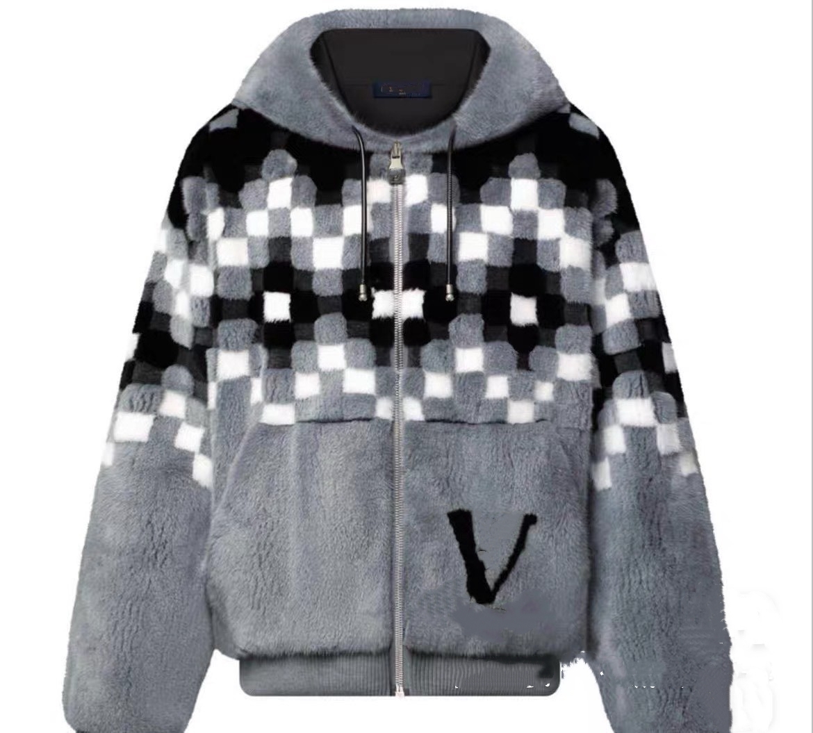 2026 Winter Top Mens Designer Hooded Faux Mink Fur Jacket Unisex Luxury Checkerboard Patchwork Plush Zip Up Winter Warm Loose Outerwear