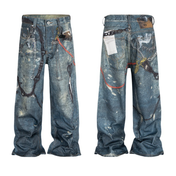 Jean en Denim unisexe, coupe ample, jambe droite, American Street, Vintage, lavage en détresse, ciseaux 3D, pantalon imprimé graphique