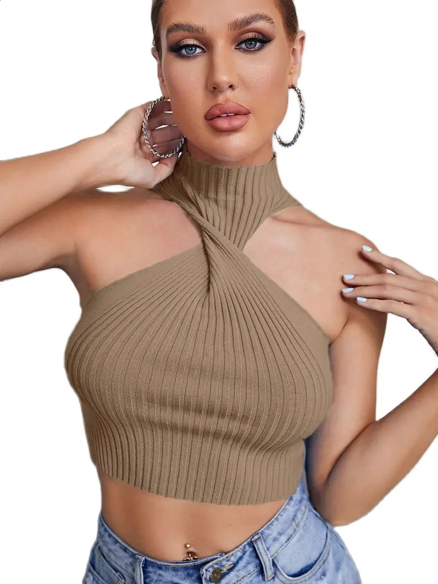 Summer Women Halter Neck Twist Front Knit Cute Crop Top Femme Casual Sleeveless Stretch Y2K Cropped Clothes Corset Tank Clothes 260918