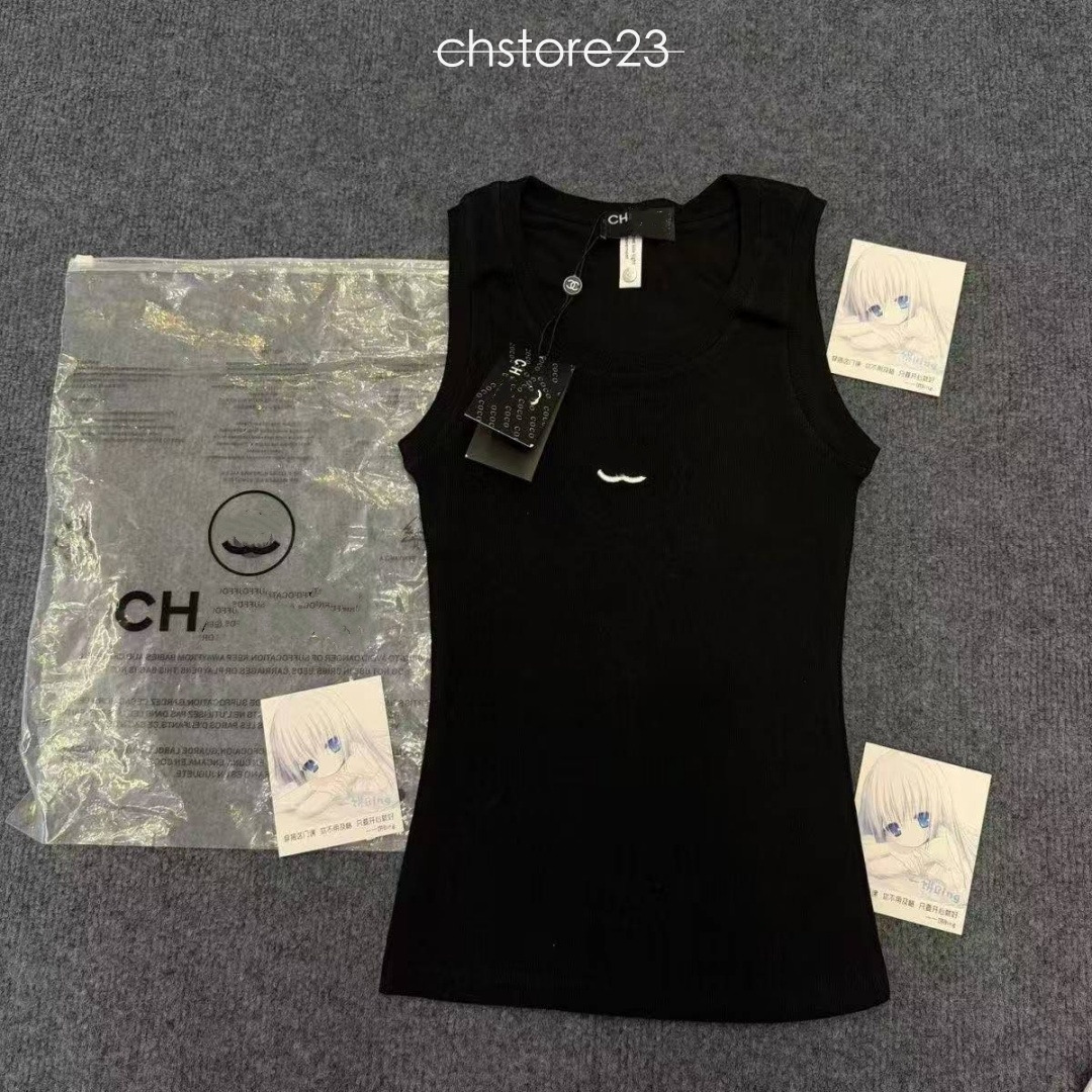 Channels Top Womens Designer Womens Tops CC Tank Top Women Ribbed Tank Top Sleeveless U Neck Slim Fit Embroidered Detail Vest Casual Daily Basic Top