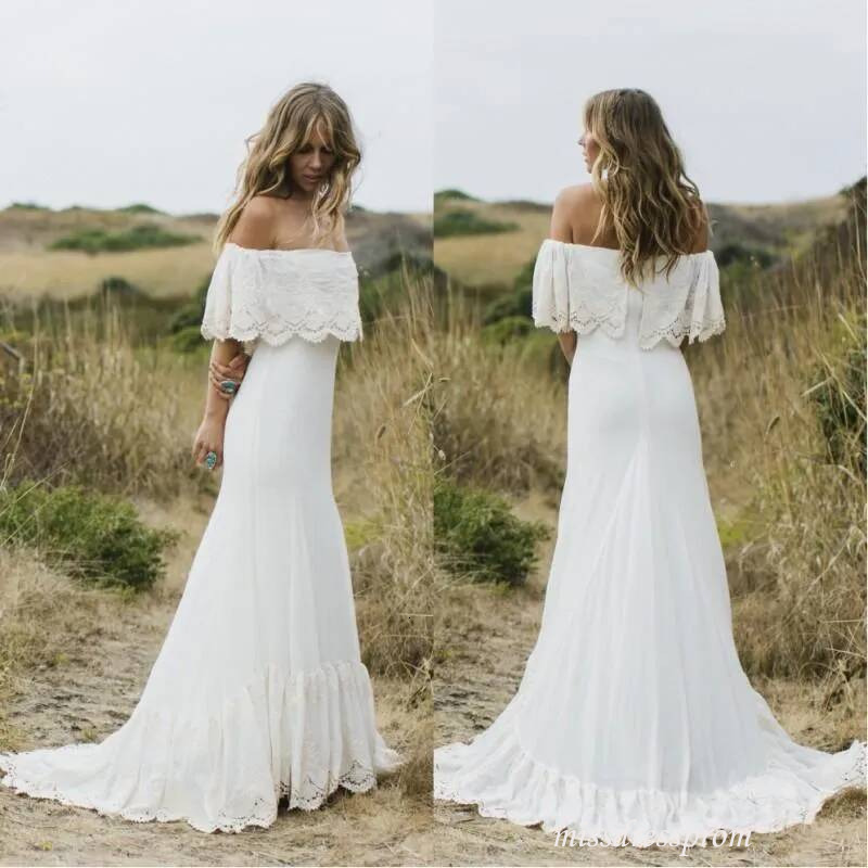 Vintage Boho Wedding Off The Shoulder Sweep Train Short Sleeves Beach Bohemian Bridal Gowns Plus Size