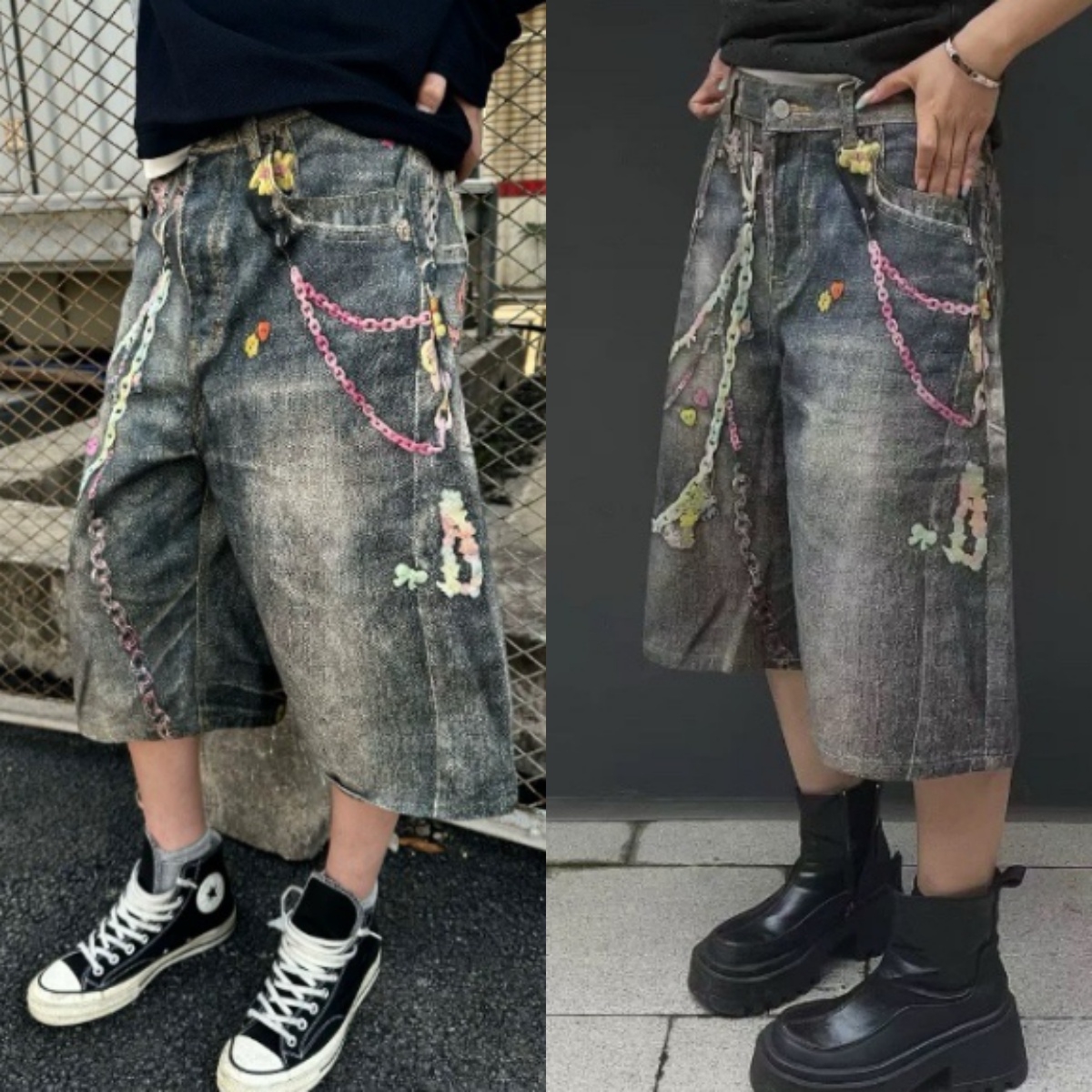 Short en Denim délavé rétro unisexe, Streetwear américain, chaîne bonbon imprimée, jambes droites et larges, longueur aux genoux