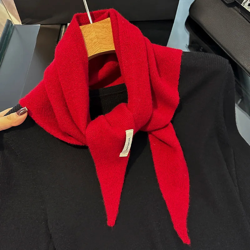 Red Knitted Scarf Women 100 Wool Winter Warm Scarves Bright Solid Color n Thickened Shawl Soft Triangle Pashmina Neck 260910
