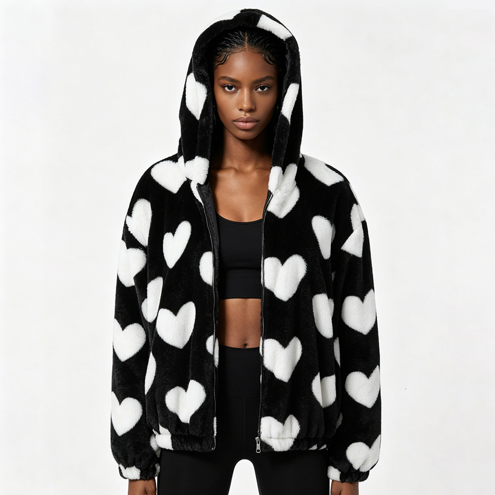 Women Heart Shaped Fluffy Hooded Jacket 2026 Winter Versatile Zip Up Fleece Lined Thickened Korean Style Loose Fitting Furry Top Casual Daily Street