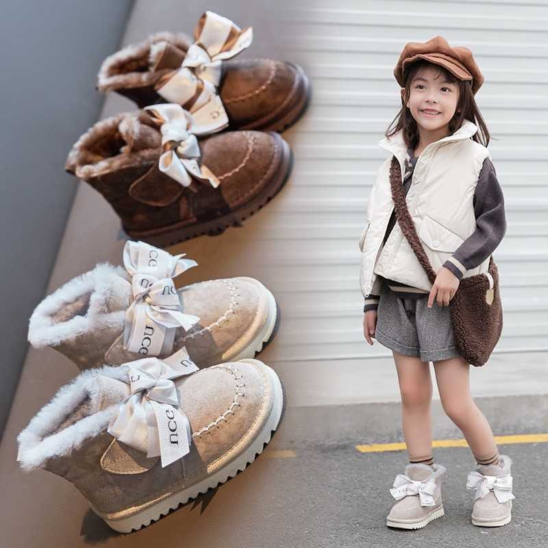Botas de invierno para niñas, botas de nieve para niños, botas de lana cálidas de algodón para mujer, lazos engrosados, cintas de princesas, botines