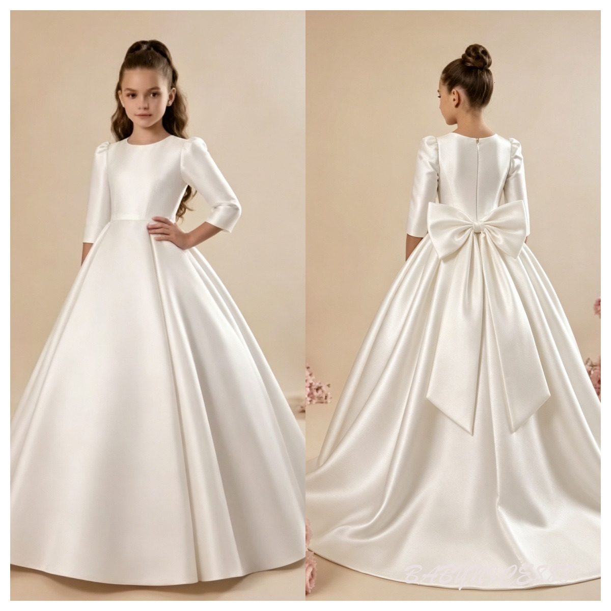 Vintage White Ivory Satin Flower Girl Dresses New Long Sleeve A-Line With Bow Back Kids Evening Party Gowns Formal Girls Wedding Party Princess Dres