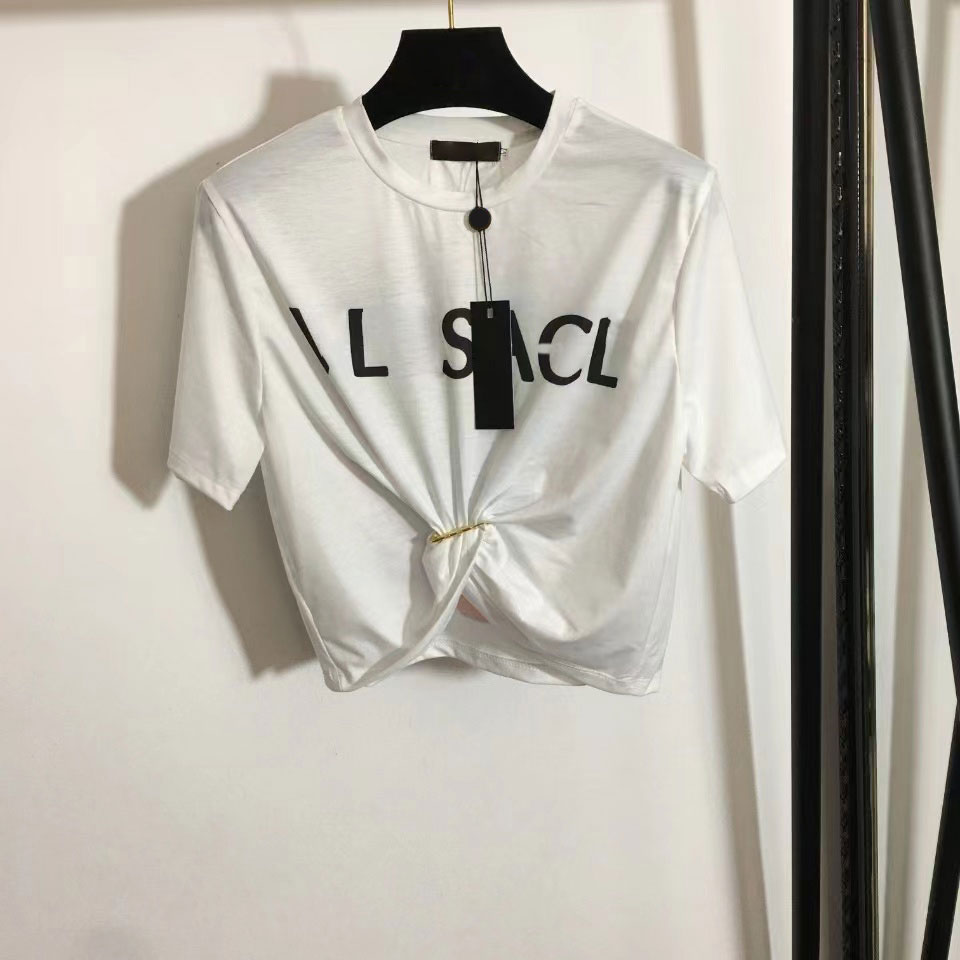 2026 Designers T-shirts Fashion T Shirts Women Chest Letter Shirt Big pins flowers printing Pin tucked waist short sleeved T-shirt Collect waist