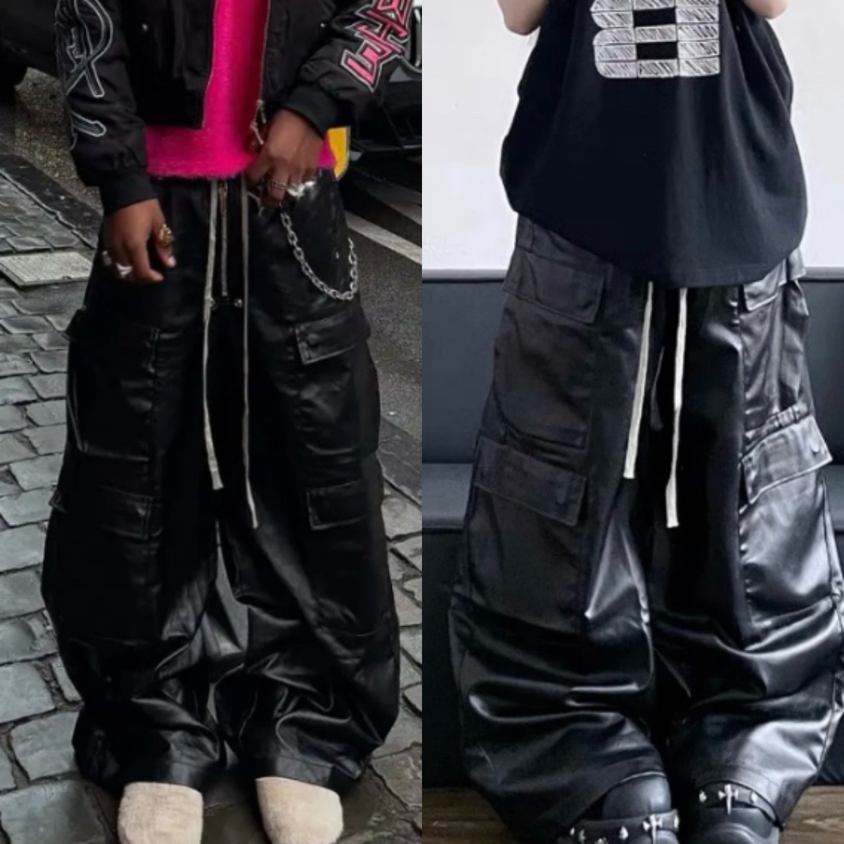 Pantalon cargo unisexe en simili cuir enduit finition métallisée Dark American Street, jambe large, multi-poches, pantalon de traînée au sol