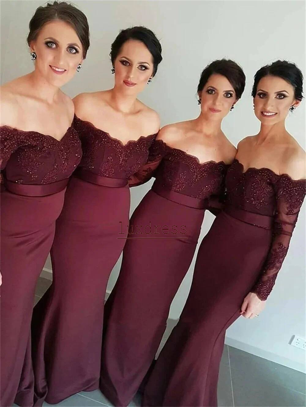 Burgundy Bridesmaid Dresses Elegant Off-Shoulder Boat Neck Long Sleeves Lace Appliques Mermaid Satin Maid of Honor Gowns Formal Evening Prom Dress
