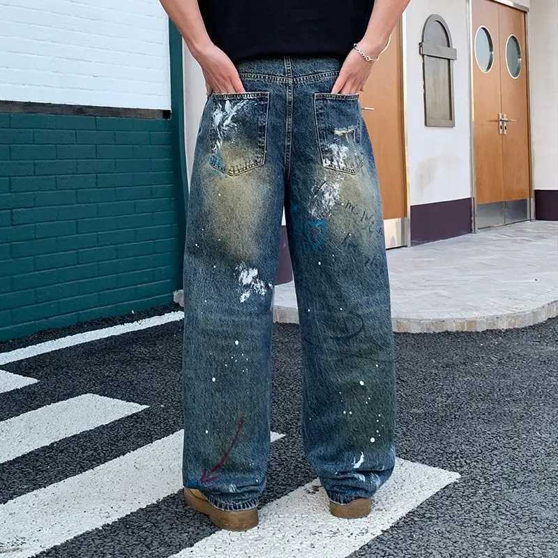 Ripped New Street Painted GrAFfiti Jeans for Men Straight-Leg Loose Wide-Leg Trendy Brand Stylish D2609021