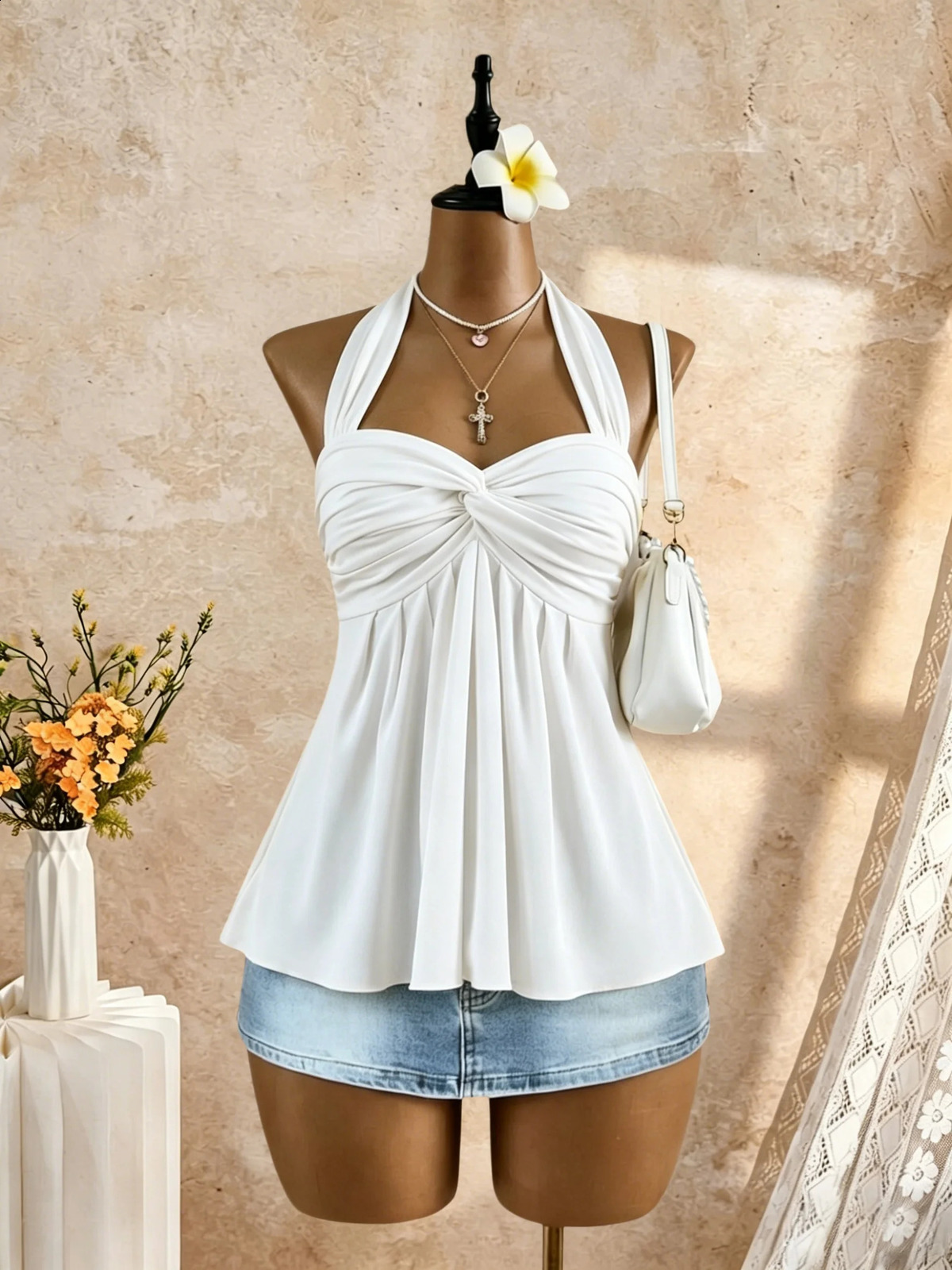 Women Halter Twist Front Sweetheart Neck Flared Peplum Camisole Summer Y2K Solid White Sleeveless Flowy Beach Vacation Tank 260918