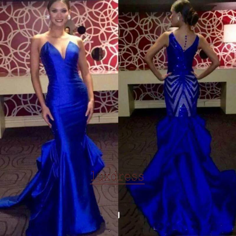 Elegant Royal Blue Evening Dress Long Sleeveless Satin Mermaid Prom Dresses Back Sequined Miss USA Pageant Party Gowns