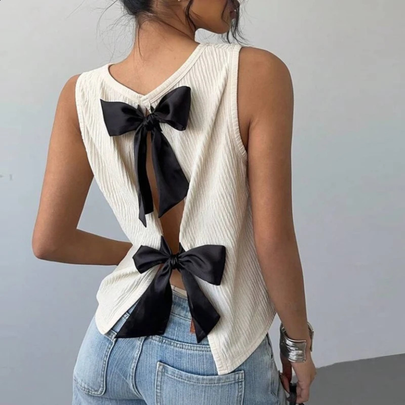 Bow Back Strap Rib Knitted Tank Top Women Back Hollow Out Halter Crop Tops Camisole Female Tube Top Cropped Vest 260918