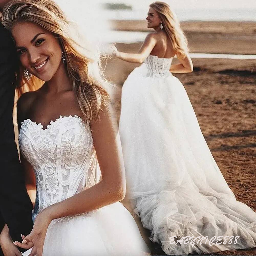 A Line Wedding Dress Country Bohemian Dresses Sweetheart Lace Appliques Boho Bridal Gowns Sexy Backless Sweep Train