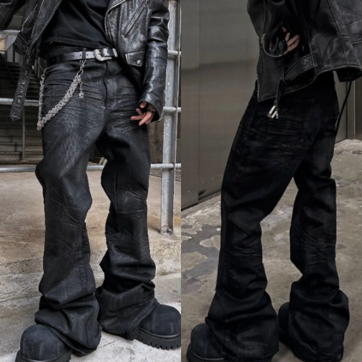 Jean évasé empilé unisexe, style américain High Street, gothique foncé, enduit de cire, pantalon en Denim Slim à balayage au sol