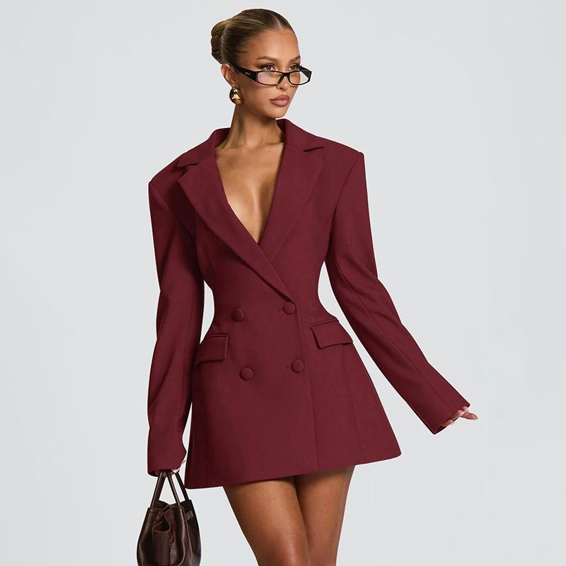 Robe Blazer à revers noir pour femmes, col ras du cou, manches longues, Double boutonnage, taille péplum, moulante, Mini robe de soirée
