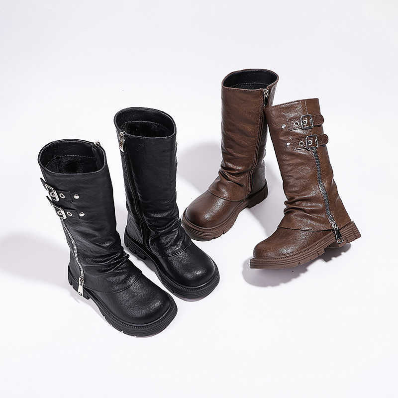 Botas de otoño Primavera Nuevos niños Moda Botas altas Clásico Negro Marrón Niñas Escuela Causal Botas de cuero Pasarela Niños Plataforma BootsT2609