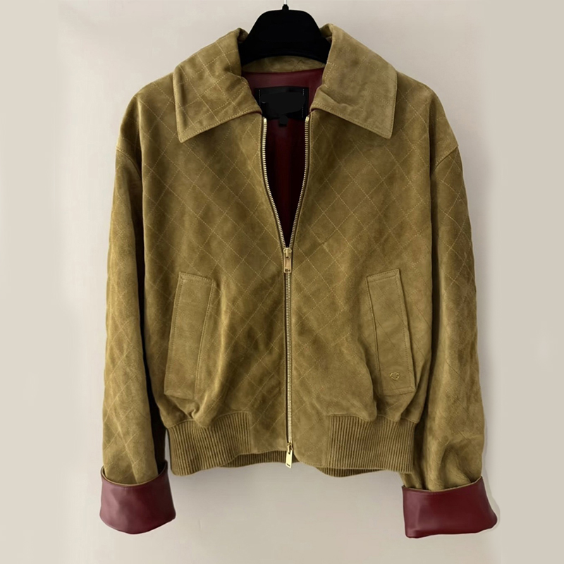 Women Vintage Quilted Suede Bomber Jacket Turn Down Collar Color Block Wine Red Leather Patchwork Zip Up Cropped Outerwear Ladies Retro Short Coat F