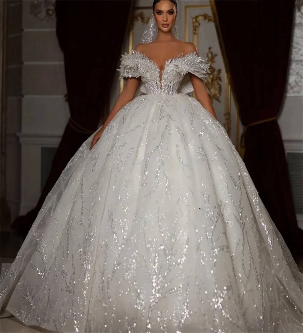 White Wedding Dresses Ivory Bridal Gowns New A Line Sequins Beaded Custom Zipper Lace Up Plus Size Formal Crystal Gorgeous Sequined Off Shoulder Sle