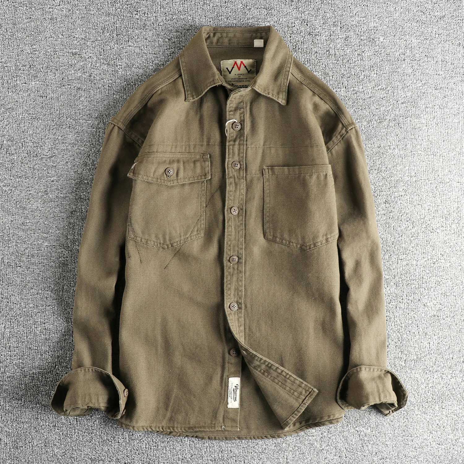 Men's Casual Shirts Design sense pocket American vintage khaki trend casual shirt men's woven cotton washed youth long sleeve shirt X26091