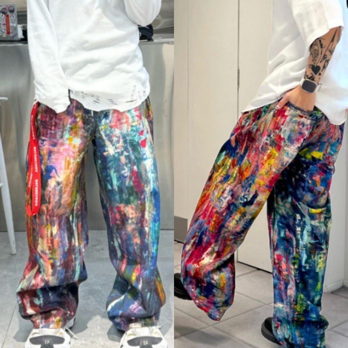 Designer unisexe américain Streetwear 3D peinture à l'huile Splash jambe large Cargo jean lâche pantalon en Denim droit