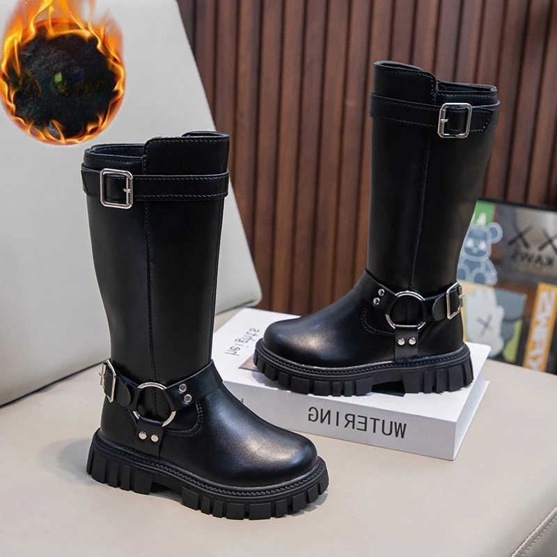 Botas de invierno Nuevas botas para niños Botas altas y largas de felpa cálidas para niñas Botas de algodón causales para niños de moda negra Punta
