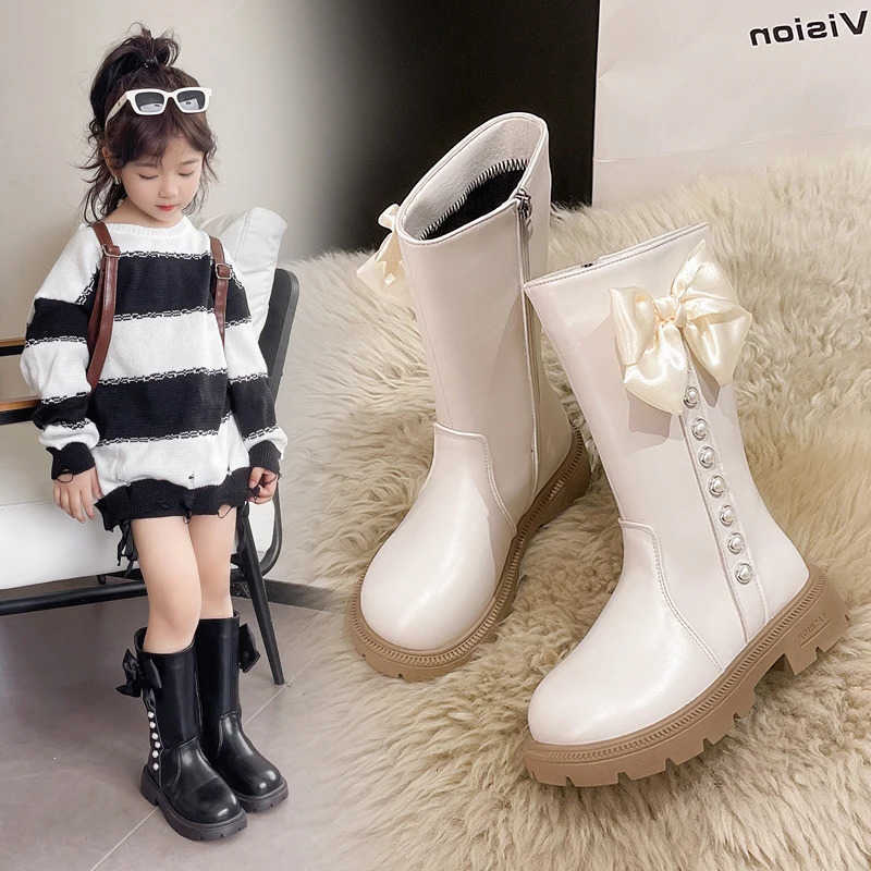 Botas de 4 a 16 años Botas altas acolchadas para niñas Zapatos de algodón con lazo beige para niños Botas de cuero largas antideslizantes con fondo