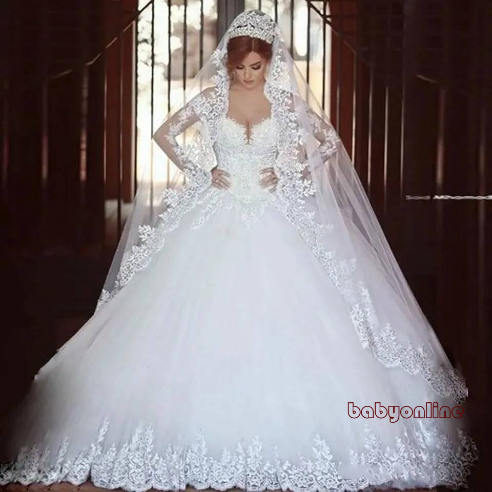 Ball Gown Wedding Dresses Bridal Gowns Formal Long Sleeve Tulle Applique Beaded Crystal Illusion White Ivory Custom Zipper Lace Up Plus Size New Sco