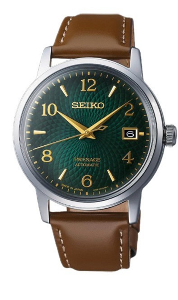 Men's SEIKOity Presage Cocktail Time Automatic Mechanical Watch Radial Green Disc Gold Digital Scale, Three Pin Calendar Window, Stainless Stee