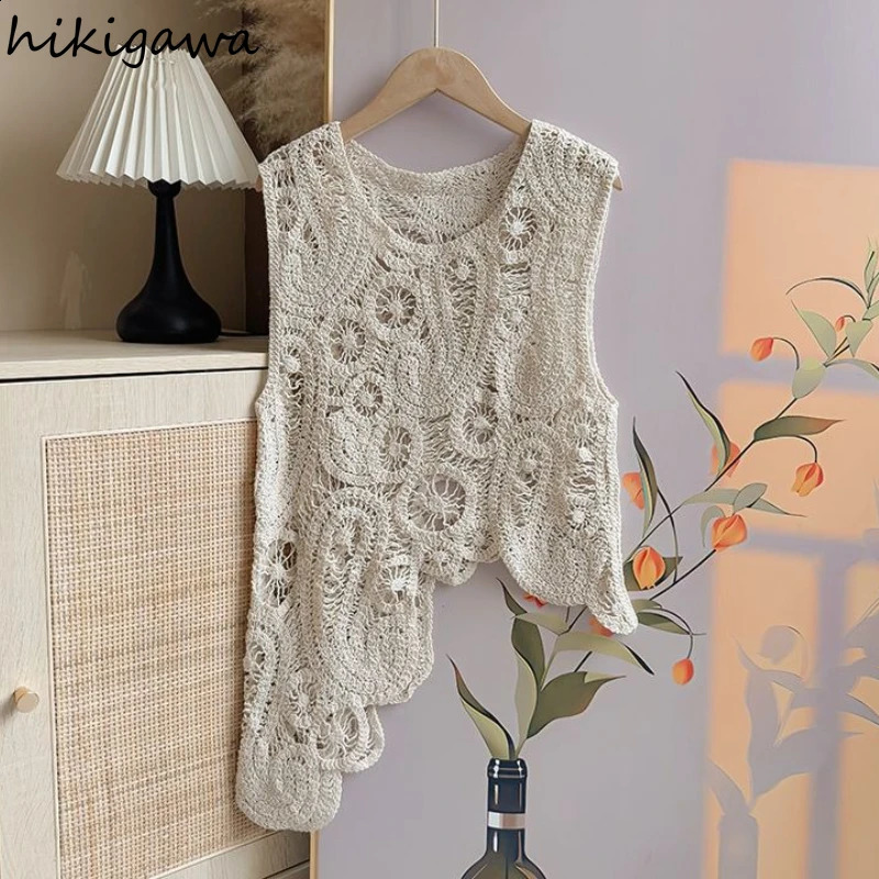 Hook Flower Hollow Out Knitted Vest Women Clothing Sleeveless Solid Color Tanks Ropa Mujer Summer Irregular Chic Crop Tops 260918