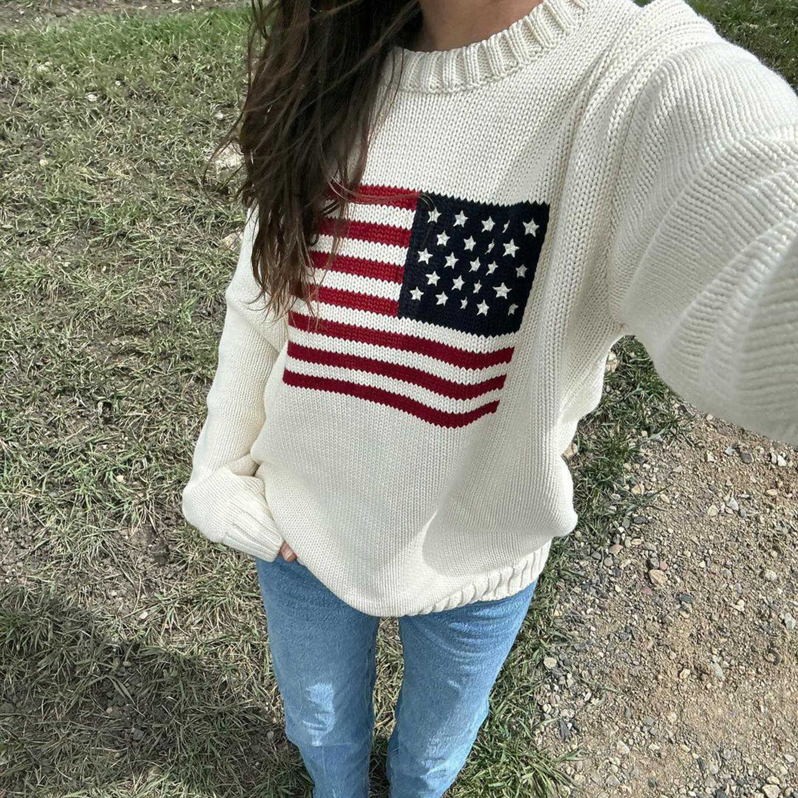 Women's Puloru Loose Fit Sweaters Fall Winter Casual Stars Stripe Flag Print Round Neck Long Sve Pullovers Knitted Jumpers S260919NEF3