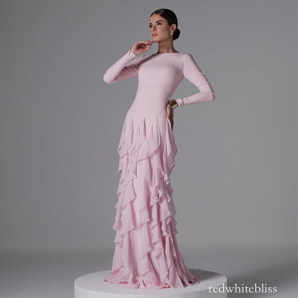 Modest Pink Evening Dress Boat Neck Long Sleeves Women's Formal Occasion Party Gowns Ruffles Mermaid Celebrity Runway Dresses 918