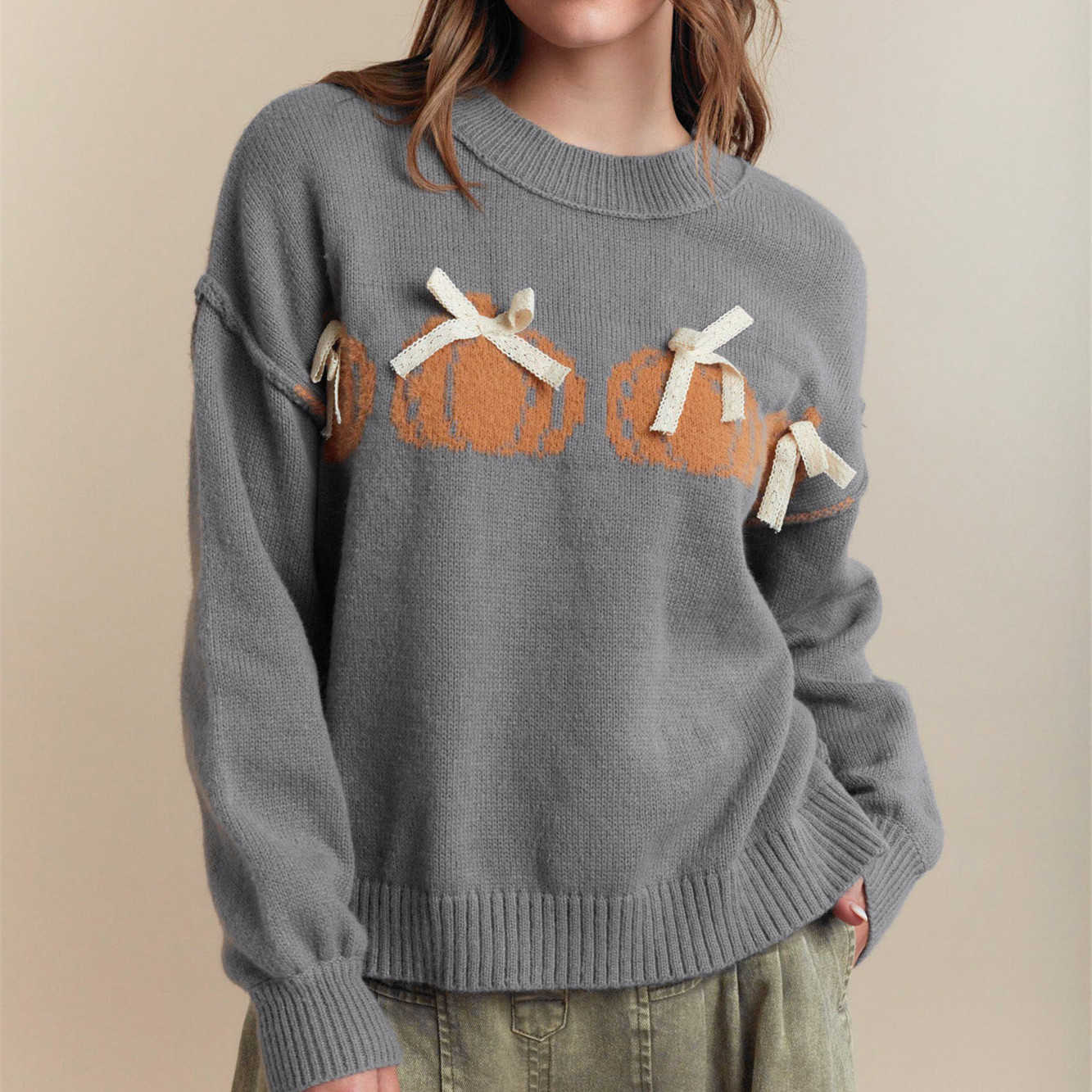Halloween Women Sweater Long Sve Crew Neck Bow Pumpkin Pullover Warm Sweater for Fall Winter Festival Clothes S260919UJPZ