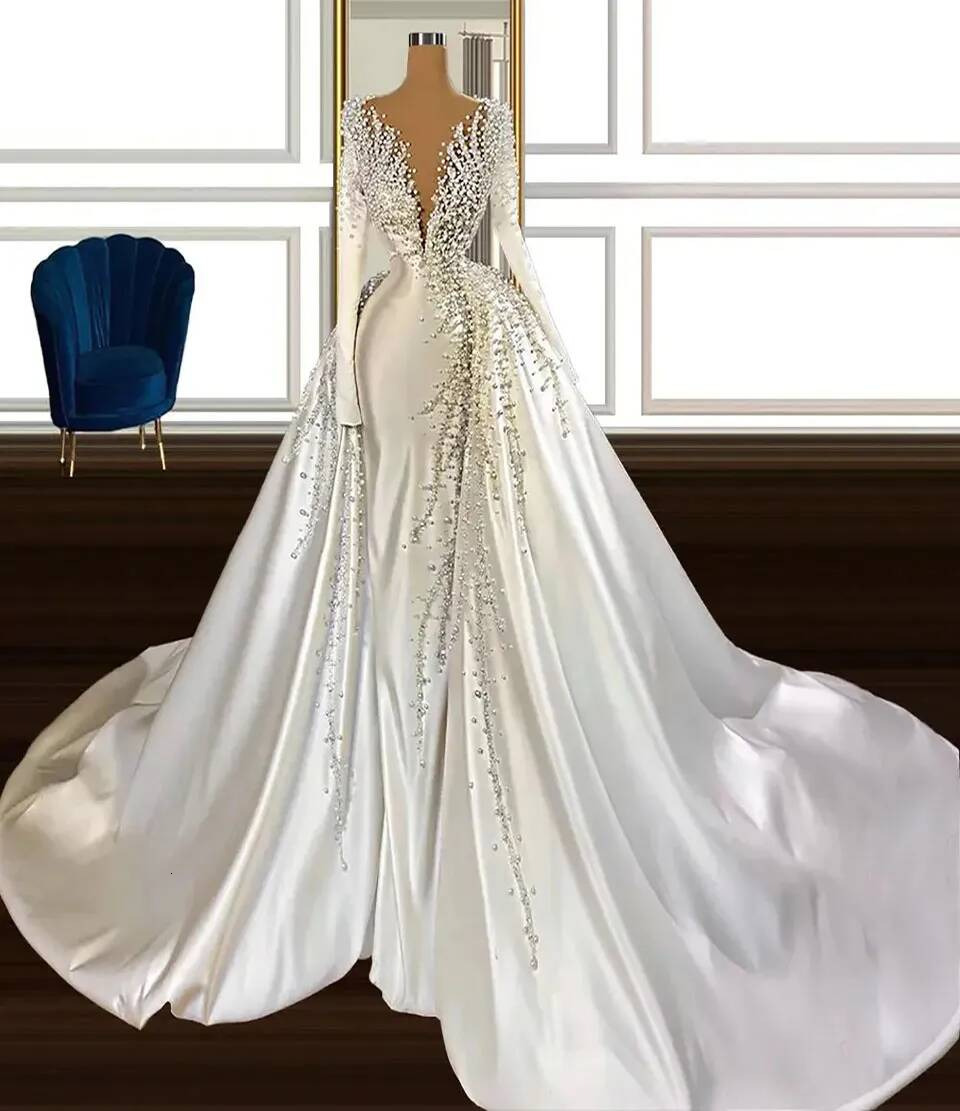 White Wedding Dresses New Bridal Gowns Formal Applique Beaded Custom Ivory Zipper Lace Up Plus Size Mermaid Trumpet O Neck Long Sleeve Satin Illusio