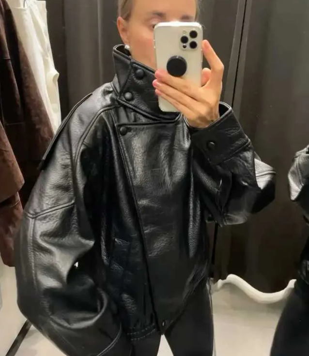 HH Autumn Faux Leather Jacket For Women Casual Solid Long Sleeve Zipper Pu Leather Coats New Fashion Female Streetwear