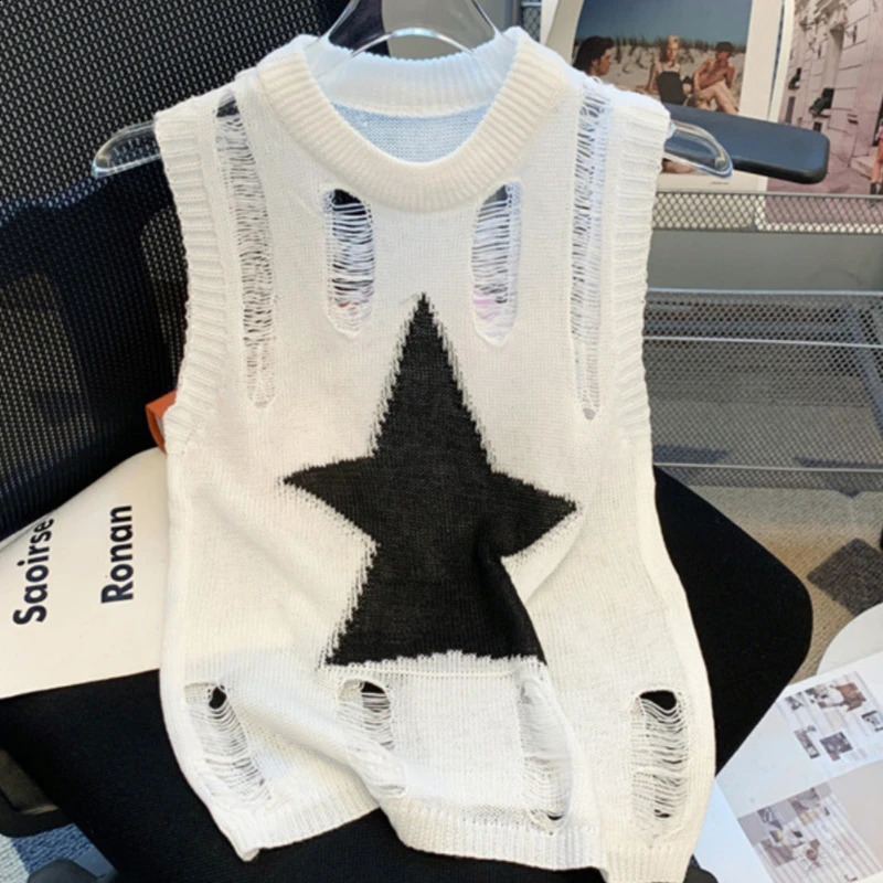 Fashion O-neck Sleeveless Women Y2k Sexy Hollpw Out Vest Summer Slim Fit Short Tank Top Hole Star Embroidery Knitted Top 260918