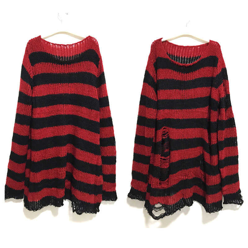Punk New Gothic Long Unisex Sweater Summer Women Striped Cool Hollow Out Hole Broken Jumper Loose Rock Thin Dark Streetwear Top2.1 S260919FLW4