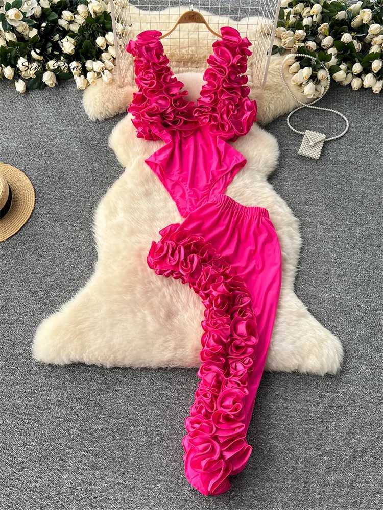 SINGREINY 2024 Fashion Irregular Slim Sexy Suits Female V Neck Rompers+Long Skirt Set Women Solid Streetwear Beach Rompers Sets S260918V3P3