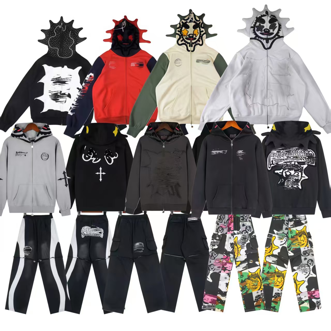 Spiky Horn Pantalon à capuche Veste zippée complète Hommes Femmes Hip Hop Streetwear Masque de dessin animé 3D Graphique Patchwork Bloc de couleu