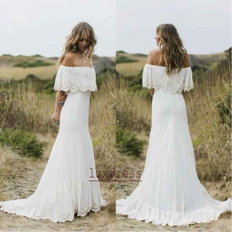Vintage Boho Wedding Off The Shoulder Sweep Train Short Sleeves Beach Bohemian Bridal Gowns Plus Size
