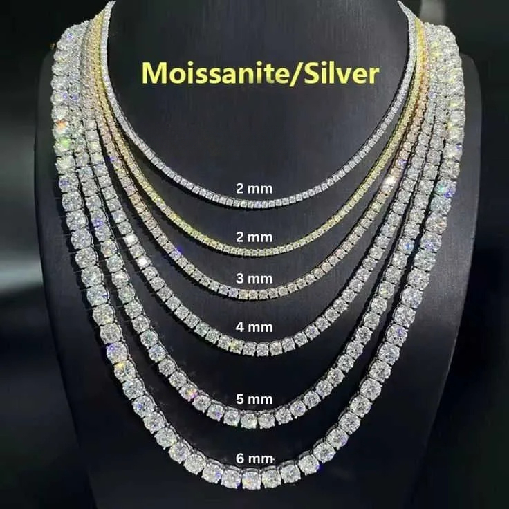 2mm 3mm 4mm 5mm D VVS Moissanite Diamond Tennis Chain Necklace 925 Sterling Silver Hip Hop Jewelry
