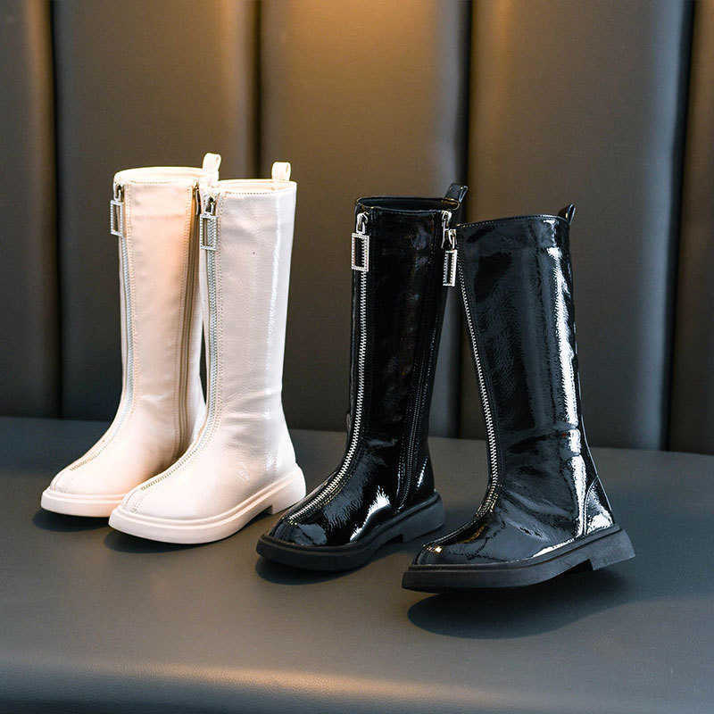 Botas de diseño Zip Moda para niños Botas largas Zapatos de goma impermeables para niñas Invierno Más algodón Cálido Princesa Botas altas Cuero suav