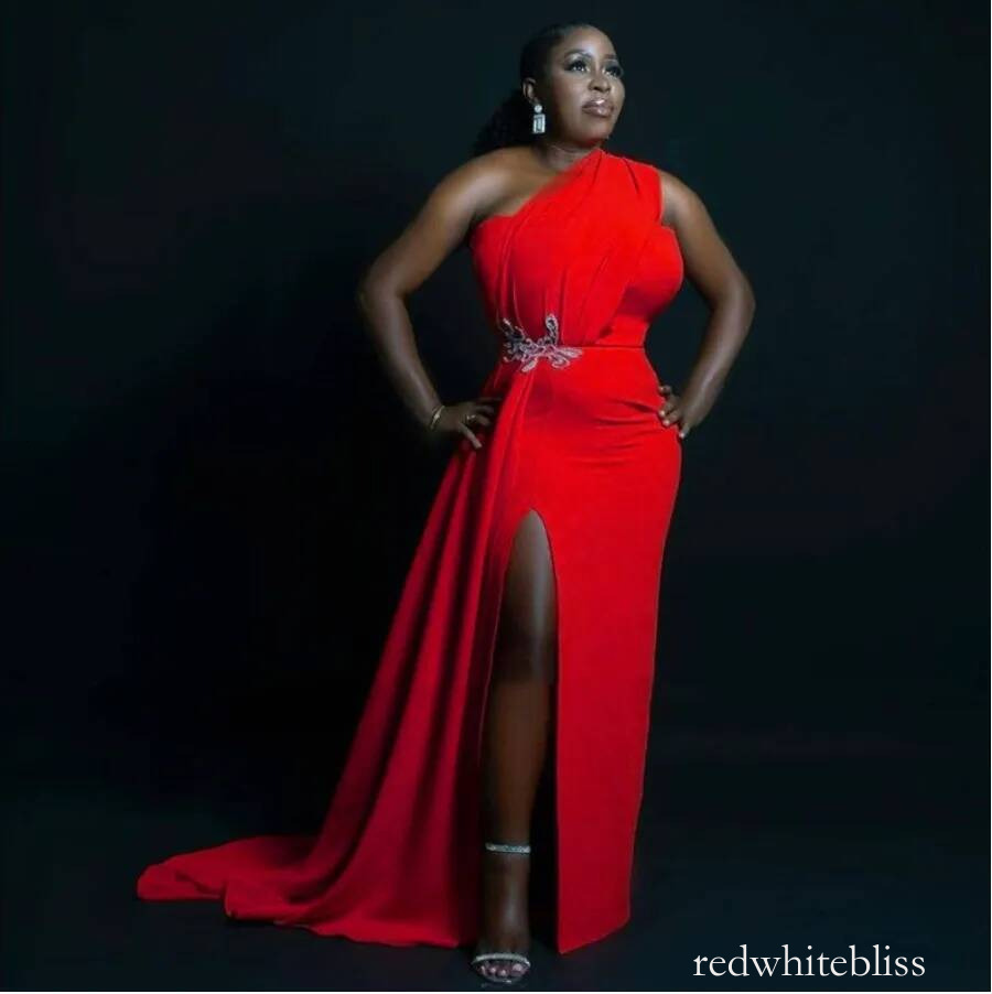 Red Long South African Evening Dresses One Shoulder Side Slit Appliques Satin Black Women Party Dress Plus Size Formal Prom Gowns