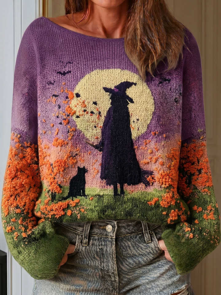 Halloween Women Witch Black Cat Bat Moon Jacquard Off Shoulder Knit Sweater Gradient Green Long Sve Loose Casual Party Pullover S260919I8TS