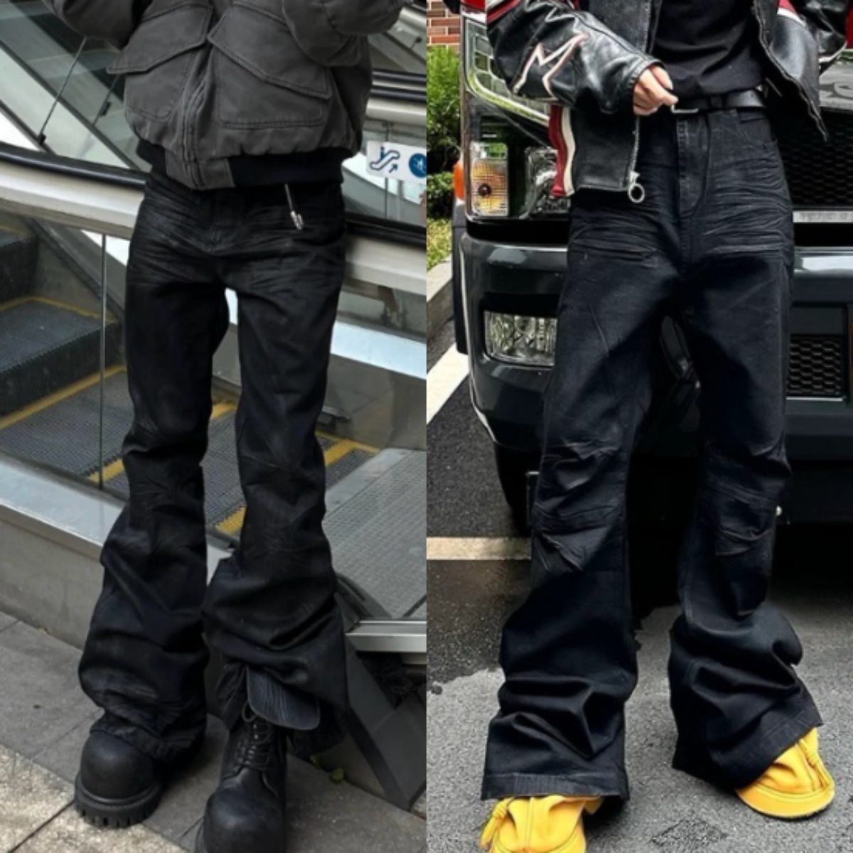 Men Women Gothic Wax Coated Denim Pants Slim Fit Stacked Flared Jeans American Streetwear Floor-Length Trousers