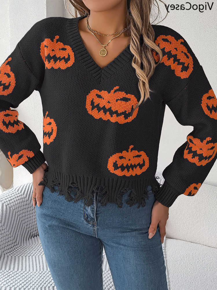 2026 VigoCasey Winter V Neck Halloween Knitted Sweater Women Casual Loose Short Pullover Autumn Lady Long Sve Warm Jumper S2609195496