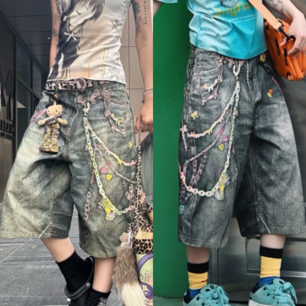 Short en Denim pour hommes et femmes, jambes larges et droites, style américain, chaîne de bonbons, imprimé, Vintage, délavé, longueur aux genoux
