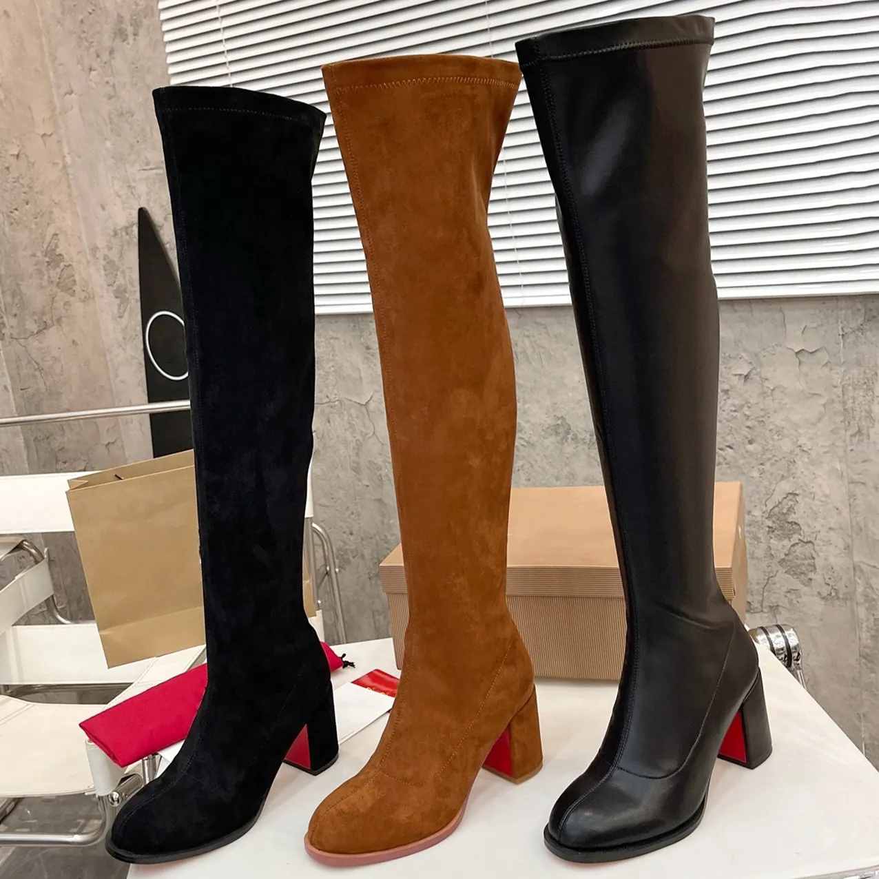 Luxury Red Sole Boots Heels Womens Shiny Bottom High Heeled Boot Designer Chunky Stiletto Genuine Leather Suede Ankle Knight Boots Fashion Woman Kne